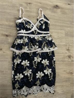 Lulus Mini Dress Small Black Blue Karina Floral Embroidered Peplum Lace Overlay
